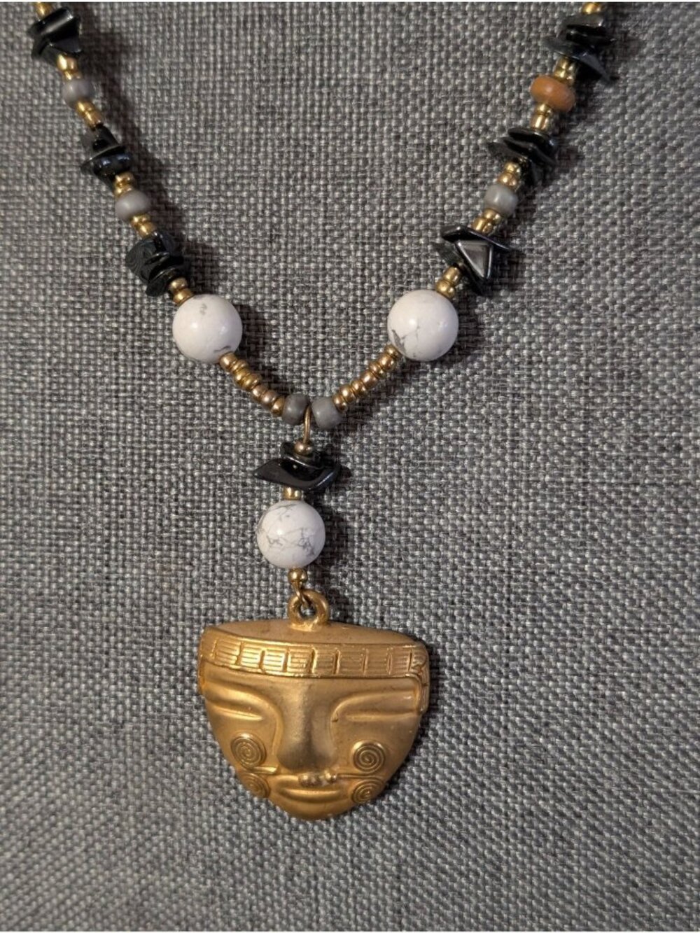 Pre-Columbian Inca Aztec Mayan Style Necklace Pendant & Hematite Beads 21"